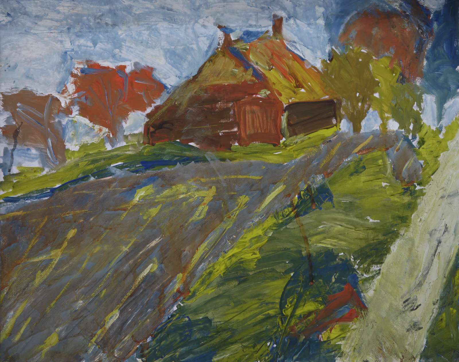 Dutch old farm with empty fields — muted earth-toned acrylic landscape